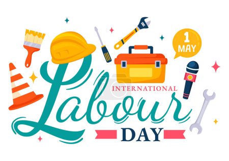 Téléchargez les illustrations : Illustration vectorielle de la Journée internationale du travail le 1er mai avec différentes professions et merci à tous les travailleurs pour votre travail acharné en arrière-plan plat - en licence libre de droit