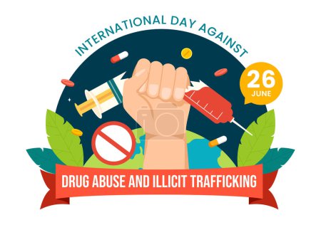 Internationaler Tag gegen Drogenmissbrauch und unerlaubten Handel mit Vektor-Illustrationen mit Anti-Suchtstoffen zur Vermeidung von Drogen und Medikamenten im flachen Hintergrund