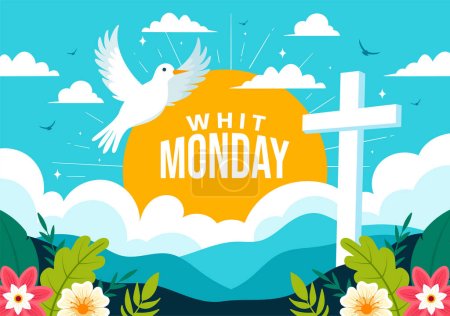 Ilustración de Whit Monday Vector Illustration with a Pigeon or Dove for Christian Community Holiday of the Holy Spirit in Flat Cartoon Background Design - Imagen libre de derechos