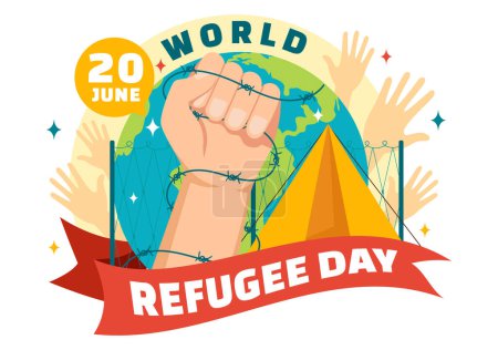 Vektor-Illustration zum Weltflüchtlingstag am 20. Juni von Einwandererfamilie und ihren Kindern, die mit Zaun, Eisendraht und Hand im Hintergrund nach Hause gehen