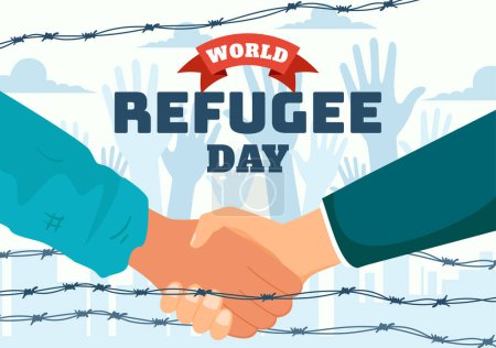 Vektor-Illustration zum Weltflüchtlingstag am 20. Juni von Einwandererfamilie und ihren Kindern, die mit Zaun, Eisendraht und Hand im Hintergrund nach Hause gehen