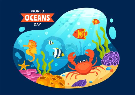 Illustration for World Oceans Day Vector Illustration to Help Protect and Conserve Ocean, Fish, Ecosystem or Sea Plants in Flat Cartoon Background Design - Royalty Free Image