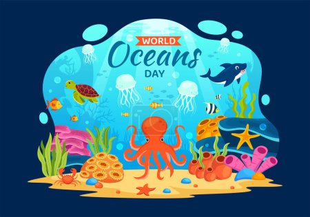 Illustration for World Oceans Day Vector Illustration to Help Protect and Conserve Ocean, Fish, Ecosystem or Sea Plants in Flat Cartoon Background Design - Royalty Free Image