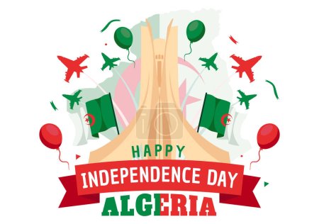 Illustration for Happy Algeria Independence Day Vector Illustration with Waving Flag and Map in National Holiday Flat Cartoon Background Design - Royalty Free Image