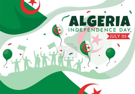 Téléchargez les illustrations : Happy Algeria Independence Day Illustration vectorielle avec drapeau ondulé et carte dans la conception de fond de bande dessinée plat de fête nationale - en licence libre de droit