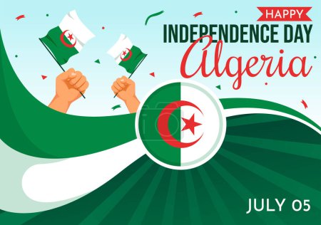 Feliz Día de la Independencia de Argelia Ilustración vectorial con bandera ondeante y mapa en National Holiday Flat Cartoon Background Design