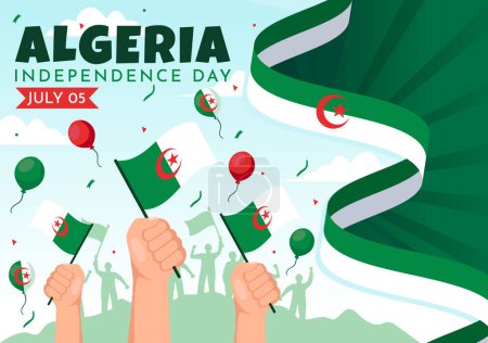 Téléchargez les illustrations : Happy Algeria Independence Day Illustration vectorielle avec drapeau ondulé et carte dans la conception de fond de bande dessinée plat de fête nationale - en licence libre de droit