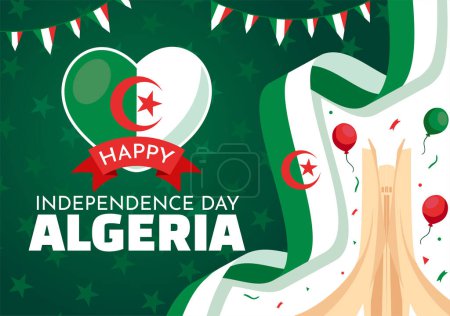 Ilustración de Feliz Día de la Independencia de Argelia Ilustración vectorial con bandera ondeante y mapa en National Holiday Flat Cartoon Background Design - Imagen libre de derechos