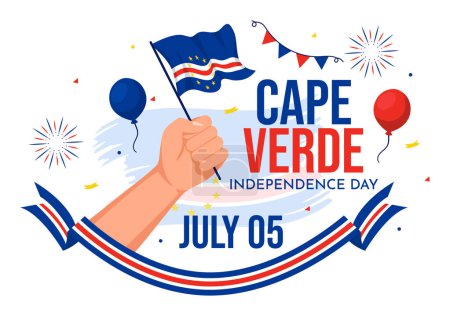Ilustración de Feliz Día de la Independencia de Cabo Verde Ilustración vectorial el 5 de julio con bandera ondeante y cinta en el fondo de la historieta plana nacional de vacaciones - Imagen libre de derechos
