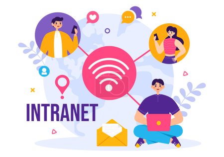 Illustration for Intranet Internet Network Connection Technology Vector Illustration to Share Confidential Company Information and Website in Flat Cartoon Background - Royalty Free Image
