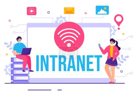 Illustration for Intranet Internet Network Connection Technology Vector Illustration to Share Confidential Company Information and Website in Flat Cartoon Background - Royalty Free Image