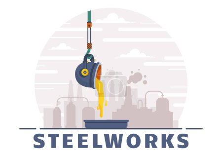 Stahlwerk-Vektorillustration mit Ressourcenbergbau, Schmelzen von Metall in großen Gießereien und Heißstahlgießen in flachem Cartoon-Hintergrunddesign