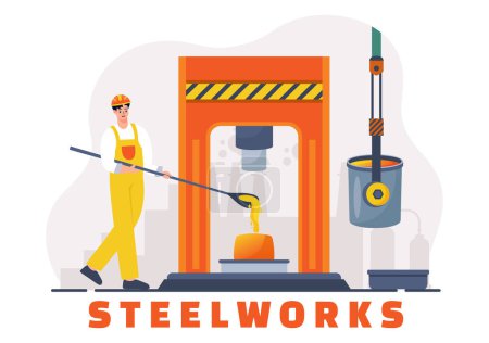 Illustration for Steelworks Vector Illustration with Resource Mining, Smelting of Metal in Big Foundry and Hot Steel Pouring in Flat Cartoon Background Design - Royalty Free Image