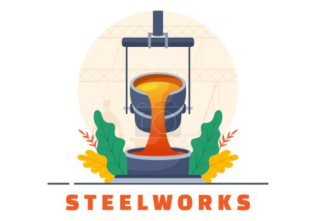 Illustration vectorielle d'aciérie avec extraction de ressources, fusion de métal dans une grande fonderie et coulée d'acier chaud dans un dessin animé plat Conception de fond