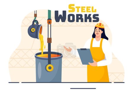 Illustration vectorielle d'aciérie avec extraction de ressources, fusion de métal dans une grande fonderie et coulée d'acier chaud dans un dessin animé plat Conception de fond