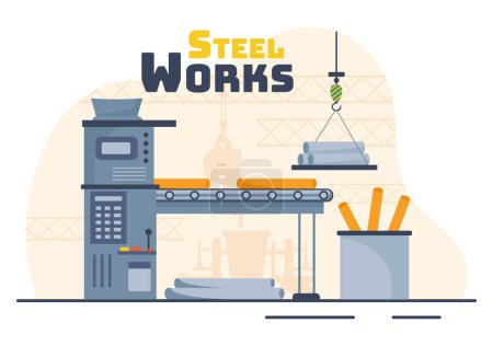 Stahlwerk-Vektorillustration mit Ressourcenbergbau, Schmelzen von Metall in großen Gießereien und Heißstahlgießen in flachem Cartoon-Hintergrunddesign
