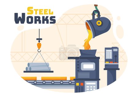 Steelworks Vector Illustration with Resource Mining, Smelting of Metal in Big Foundry and Hot Steel Pouring in Flat Cartoon Background Design