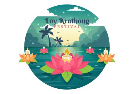 Illustration for Loy Krathong Vector Illustration of Festival Celebration in Thailand with Lanterns and Krathongs Floating on Water Design in Flat Cartoon Background - Royalty Free Image