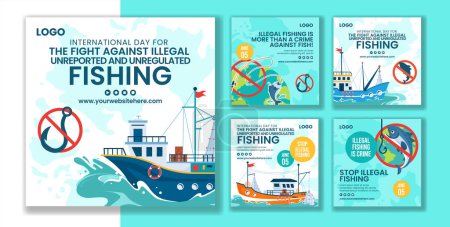 Illégal contre la pêche Modèle de dessin animé plat posté sur les médias sociaux Illustration de fond