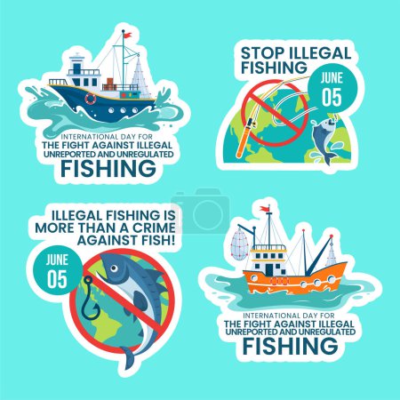 Illégal contre la pêche Étiquette Dessin animé plat à la main Modèles Illustration de fond