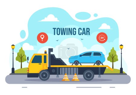 Auto Towing Car Vector Illustration Using a Truck with Roadside Assistance Service for Various Vehicles in Flat Cartoon Background Design
