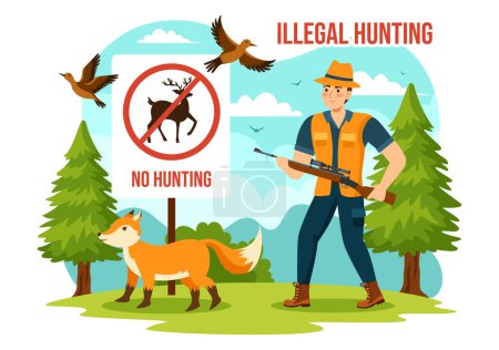 Téléchargez les illustrations : Illustration vectorielle de chasse illégale par la prise de vue, la vente d'animaux et de plantes sauvages dans un dessin animé plat - en licence libre de droit