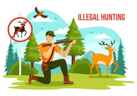 Illegal Hunting Vector Illustration by Shooting, Taking Wild Animals and Plants to Sell in Flat Cartoon Background Design