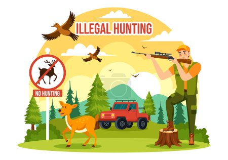 Illustration for Illegal Hunting Vector Illustration by Shooting, Taking Wild Animals and Plants to Sell in Flat Cartoon Background Design - Royalty Free Image