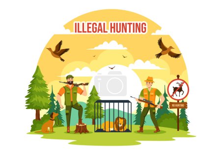 Illegal Hunting Vector Illustration by Shooting, Taking Wild Animals and Plants to Sell in Flat Cartoon Background Design
