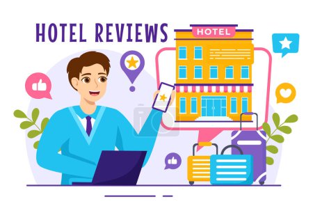 Hotelbewertungen Vektor-Illustration mit Bewertungsservice, Nutzerzufriedenheit des bewerteten Kunden, Produkt oder Erfahrung im flachen Cartoon-Hintergrund