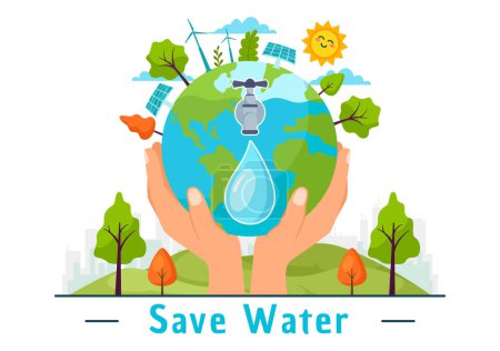 Ilustración de vectores de ahorro de agua para la campaña de ahorro de minerales y la utilización de energía con grifo y concepto de tierra en fondo plano de dibujos animados
