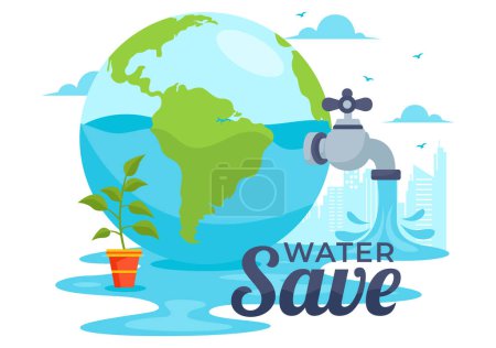 Illustration vectorielle d'économie d'eau pour la campagne d'économies minérales et l'utilisation de l'énergie avec le concept du robinet et de la terre en dessin animé plat
