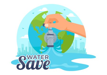 Wassersparende Vektor-Illustration für Mineralsparkampagne und Energienutzung mit Armaturen- und Erdkonzept im flachen Cartoon-Hintergrund