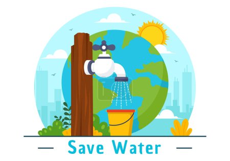 Ilustración de vectores de ahorro de agua para la campaña de ahorro de minerales y la utilización de energía con grifo y concepto de tierra en fondo plano de dibujos animados