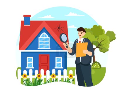 Home Inspector Vector Illustration mit Überprüfungen des Zustandes des Hauses und Schreiben eines Berichts für Wartungsmiete Suche in Wohnung Hintergrund