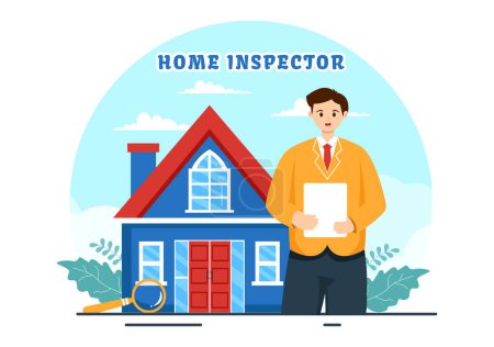 Home Inspector Vector Illustration mit Überprüfungen des Zustandes des Hauses und Schreiben eines Berichts für Wartungsmiete Suche in Wohnung Hintergrund
