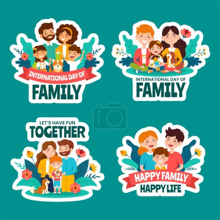 Téléchargez les illustrations : Journée de la famille Étiquette plat dessin animé à la main Modèles Illustration de fond - en licence libre de droit