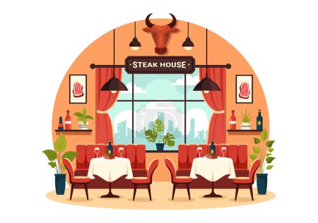 Steakhouse Vector Illustration mit Restaurant, das Grillfleisch mit saftigen leckeren Steaks, Salat und Tomaten zum Grillen im Hintergrund anbietet
