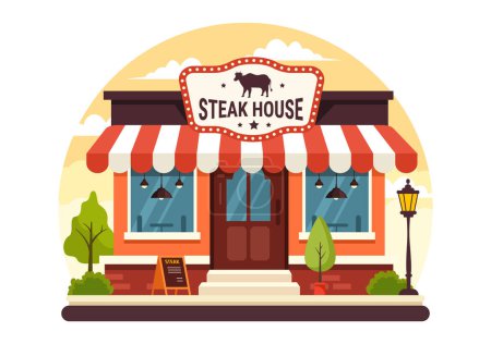 Steakhouse Vector Illustration mit Restaurant, das Grillfleisch mit saftigen leckeren Steaks, Salat und Tomaten zum Grillen im Hintergrund anbietet