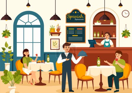 Spanische Restaurant Vector Illustration mit verschiedenen Speisen Menü Traditionelle Gerichte Typische Rezepte und Küche in flachen Cartoon-Hintergrunddesign
