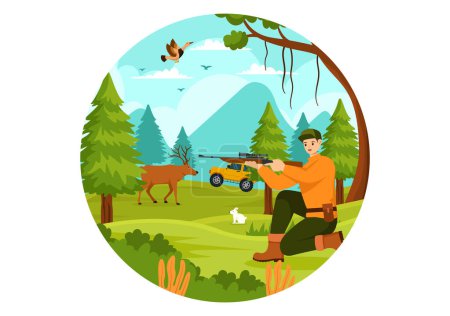 Ilustración de vectores de caza con fusil de cazador o arma para disparar a aves o animales salvajes en el bosque en un diseño plano de fondo de dibujos animados