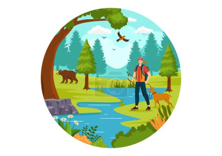 Illustration vectorielle de chasse avec fusil de chasse ou arme pour tirer sur des oiseaux ou des animaux sauvages dans la forêt sur fond plat dessin animé