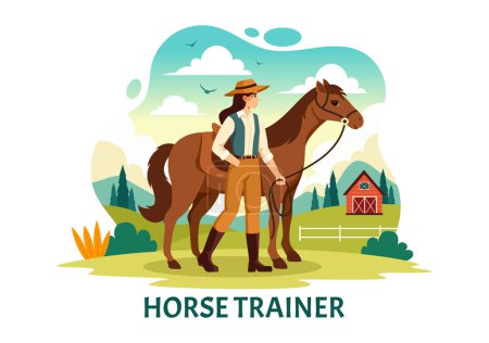 Equestrian Sport Horse Trainer Vector Illustration with Training, Riding Lessons and Running Horses in Flat Cartoon Background Design