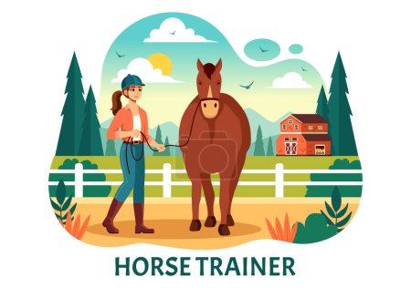 Illustration for Equestrian Sport Horse Trainer Vector Illustration with Training, Riding Lessons and Running Horses in Flat Cartoon Background Design - Royalty Free Image