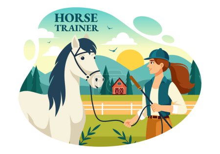 Equestrian Sport Horse Trainer Vector Illustration with Training, Riding Lessons and Running Horses in Flat Cartoon Background Design