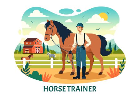 Illustration vectorielle d'entraîneur de chevaux de sport équestre avec entraînement, leçons d'équitation et courses de chevaux en dessin animé plat
