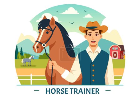 Equestrian Sport Horse Trainer Ilustración vectorial con entrenamiento, lecciones de equitación y caballos corriendo en dibujos animados planos Diseño de fondo