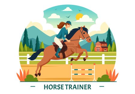 Illustration for Equestrian Sport Horse Trainer Vector Illustration with Training, Riding Lessons and Running Horses in Flat Cartoon Background Design - Royalty Free Image