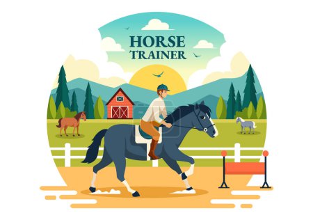 Equestrian Sport Horse Trainer Ilustración vectorial con entrenamiento, lecciones de equitación y caballos corriendo en dibujos animados planos Diseño de fondo