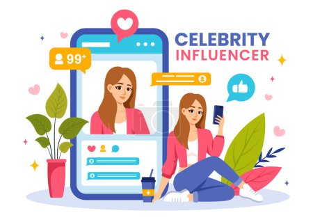 Illustration for Celebrity Influencers Vector Illustration with Posts on Internet for Advertising Marketing, Daily Life or Endorse in Flat Cartoon Background - Royalty Free Image